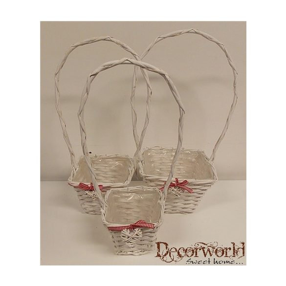 Kosár fonott szögletes füles masnival/szívvel fehér M