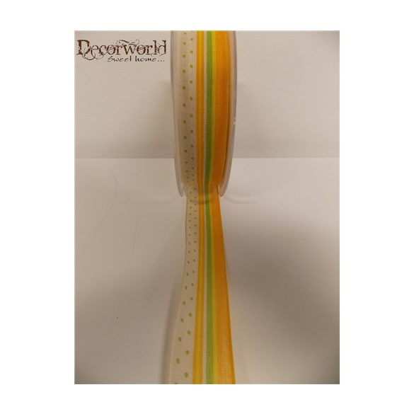 Textil szalag drótos csíkos-pöttyös narancssárga-sárga-zöld-fehér 25mmx10m