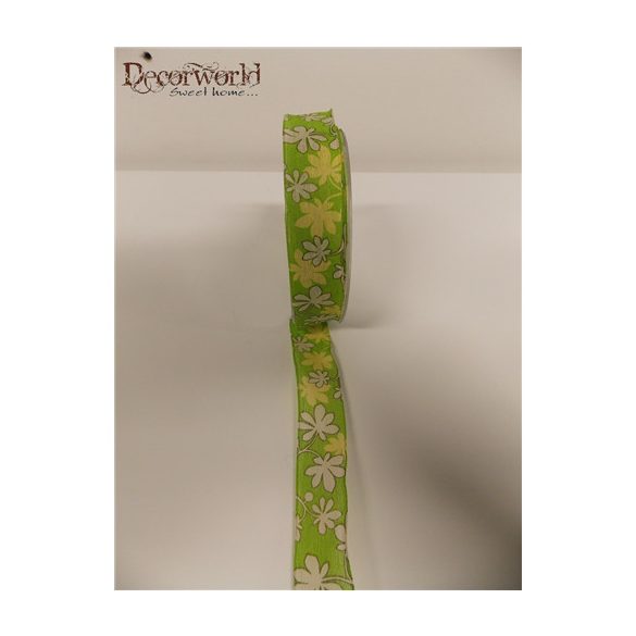 Textil szalag drótos nagy virág mintás zöld-sárga-fehér 25mmx10m