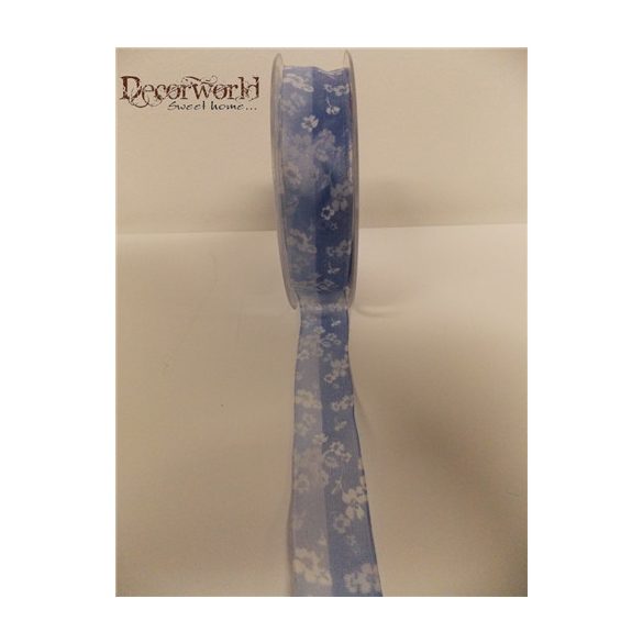 Textil szalag drótos virág mintás kék-fehér 25mmx10m