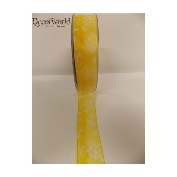 Textil szalag drótos virág mintás sárga-fehér 25mmx10m