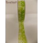 Textil szalag drótos virág mintás zöld-fehér 25mmx10m