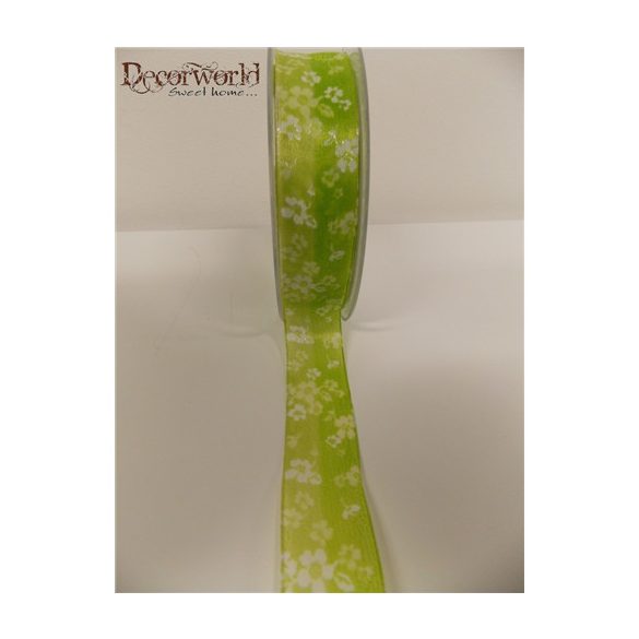 Textil szalag drótos virág mintás zöld-fehér 25mmx10m