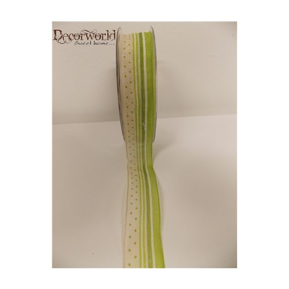 Textil szalag drótos csíkos-pöttyös zöld-fehér 25mmx10m