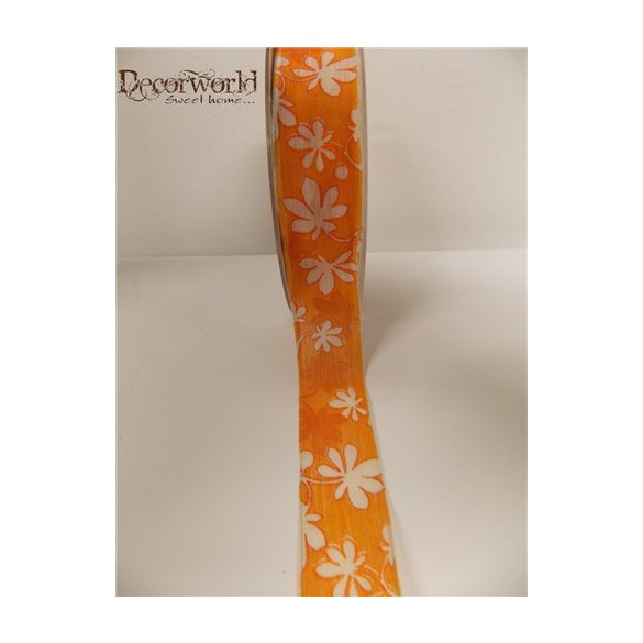 Textil szalag drótos nagy virág mintás narancssárga-fehér 25mmx10m