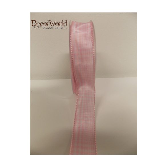 Textil szalag drótos kockás rózsaszín-fehér 25mmx10m