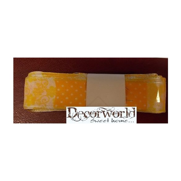 Textil szalag 25mmx10m sárga-fehér pöttyös virágos drótos