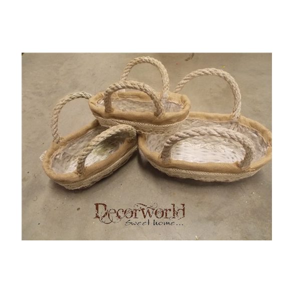 Kosár vessző ovális 2 füles csipkés szegéllyel barna-szürke S