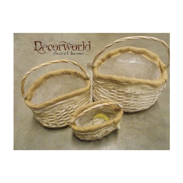 Kosár vessző füles juta/csipke szél mosott fehér M