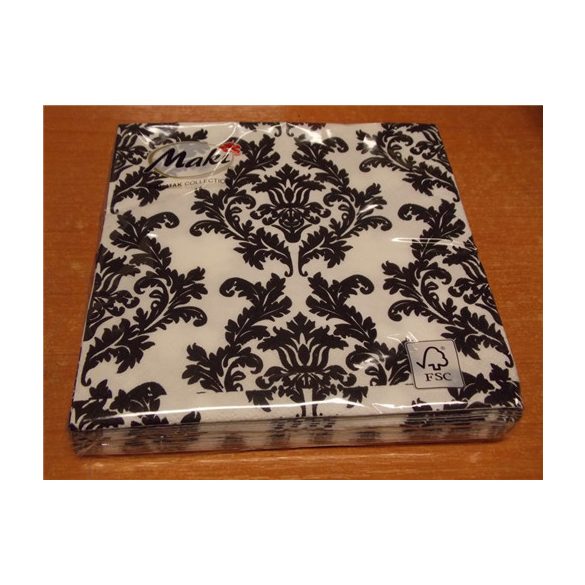 Maki szalvéta 20db/cs. fehér-fekete barokkmintás 33x33cm