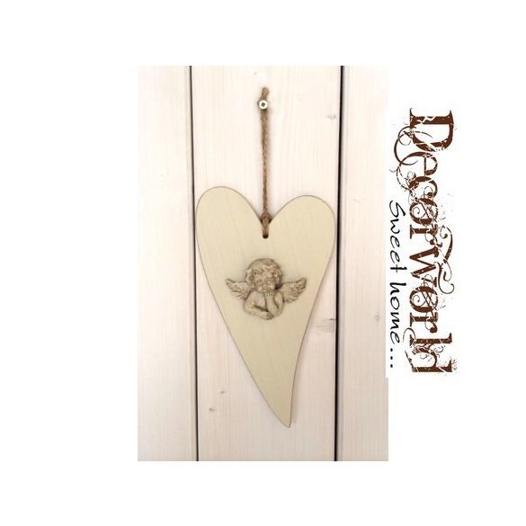 Fa szív natúr angyallal 13,5x25cm