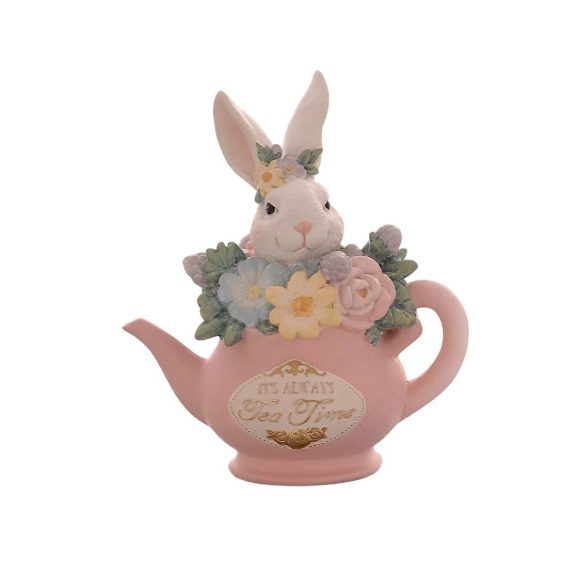 Nyúl teáskannában poly 14,2cm - Rózsaszín