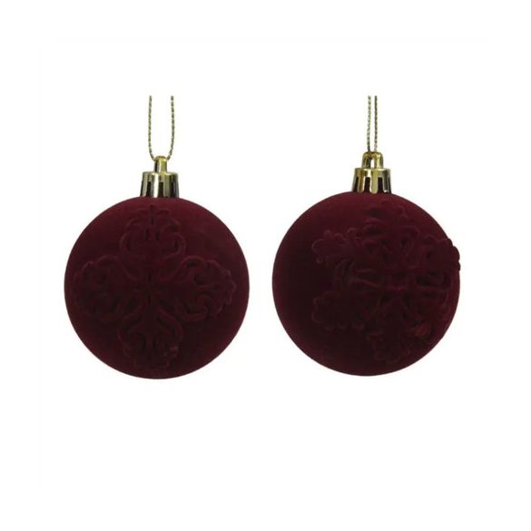 Gömb műanyag flokkolt hópehely mintával 10cm - Bordó S/2