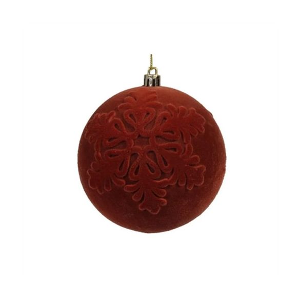 Gömb műanyag flokkolt hópehely mintával 10cm - Rozsdabarna S/2