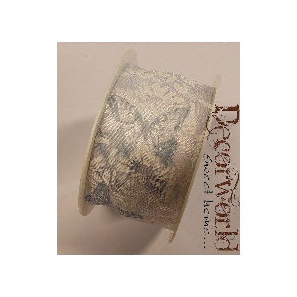 Zauberhaft szalag virágos-pillangós textil 40mmx10m - Szürke-fehér