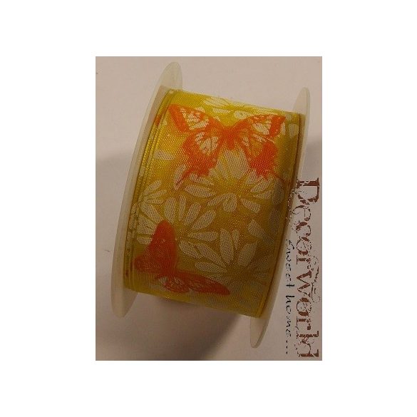 Zauberhaft szalag virágos-pillangós textil 40mmx10m - Sárga-fehér