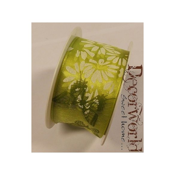 Zauberhaft szalag virágos-pillangós textil 40mmx10m - Zöld-fehér