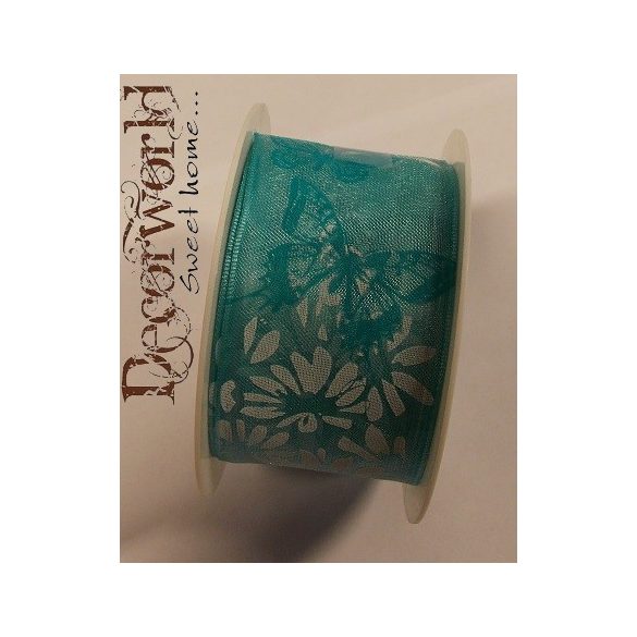 Zauberhaft szalag virágos-pillangós textil 40mmx10m - Türkiz-fehér