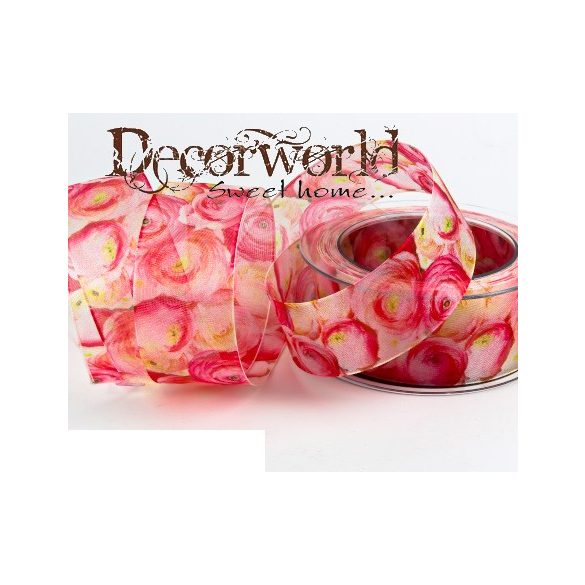 Szalag Ranunkel virágos textil 40mm x 8m