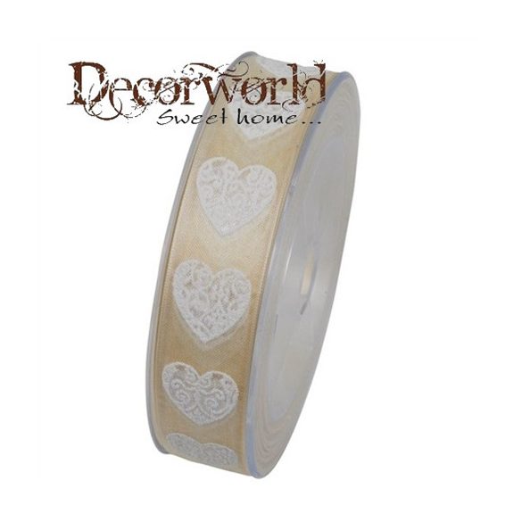 Szalag szívvel textil 25mmx10m krém