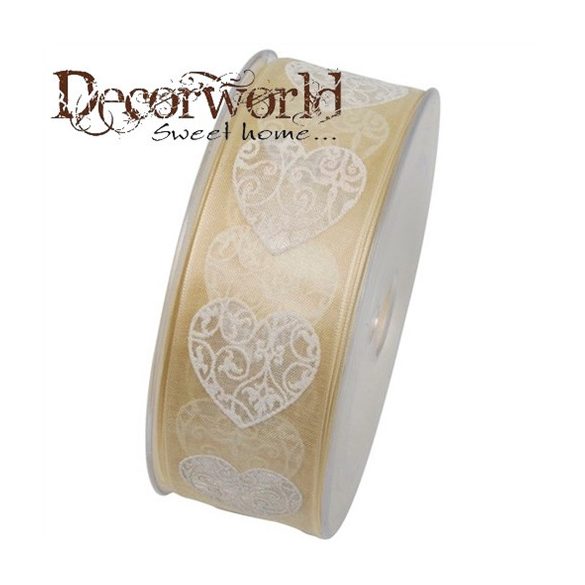 Szalag szívvel textil 40mmx10m krém