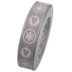 Szalag szívvel-hópihével textil 25mmx8m szürke-piros