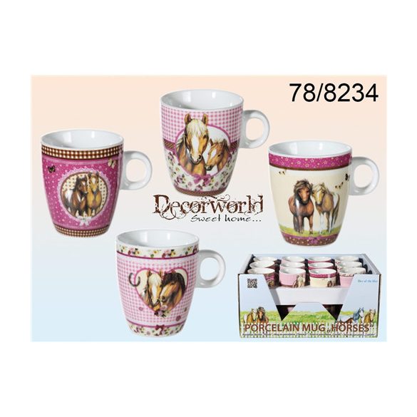 Porcelán bögre, ló mintás, 4 féle, 8x7cm