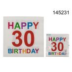   Szalvéta "Happy birthday 30" színes 33x33cm 3 réteg 20db/cs