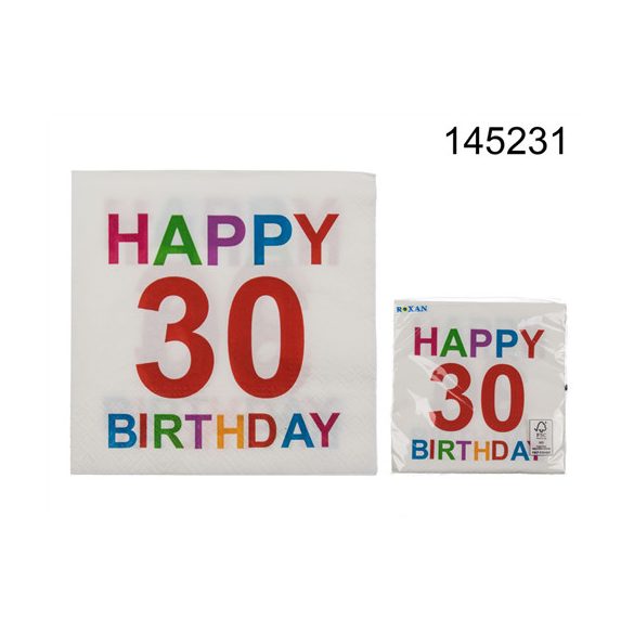 Szalvéta "Happy birthday 30" színes 33x33cm 3 réteg 20db/cs