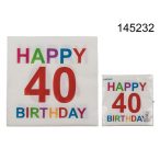   Szalvéta "Happy birthday 40" színes 33x33cm 3 réteg 20db/cs