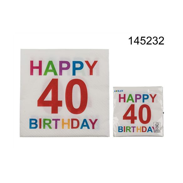 Szalvéta "Happy birthday 40" színes 33x33cm 3 réteg 20db/cs