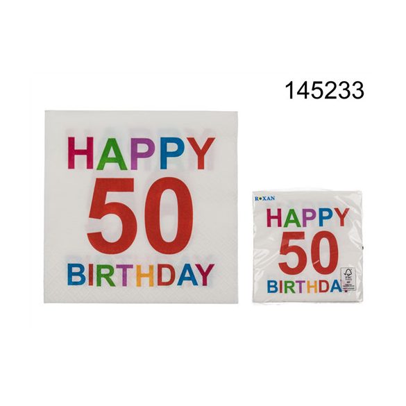 Szalvéta "Happy birthday 50" színes 33x33cm 3 réteg 20db/cs