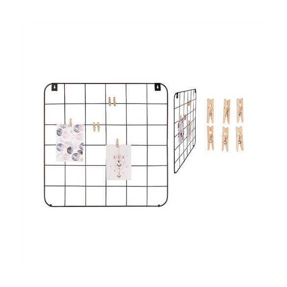 Fém fali rácso 6 fa csipesszel 48 x 48 cm - Fekete