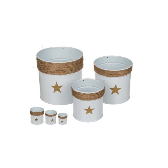 Fém kaspó juta díszítéssel "Csillaggal" - Fehér S/3