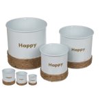   Kaspó fém juta díszítéssel "Happy" felirattal 10x10cm - Fehér (M-es)