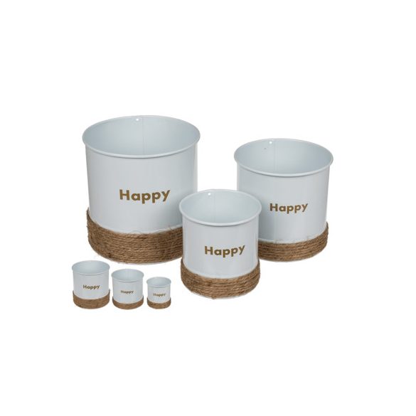 Kaspó fém juta díszítéssel "Happy" felirattal 10x10cm - Fehér (M-es)