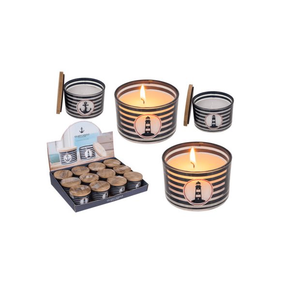 Gyertya fa fedelü üveg pohárban csíkos 7,1x7,8 cm - 2 színben