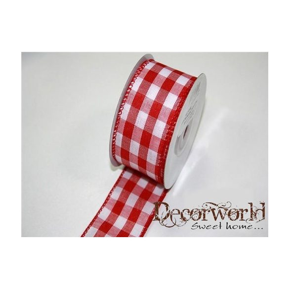 Dekorszalag kockás textil drótos széllel 4cmx10m- Piros/fehér