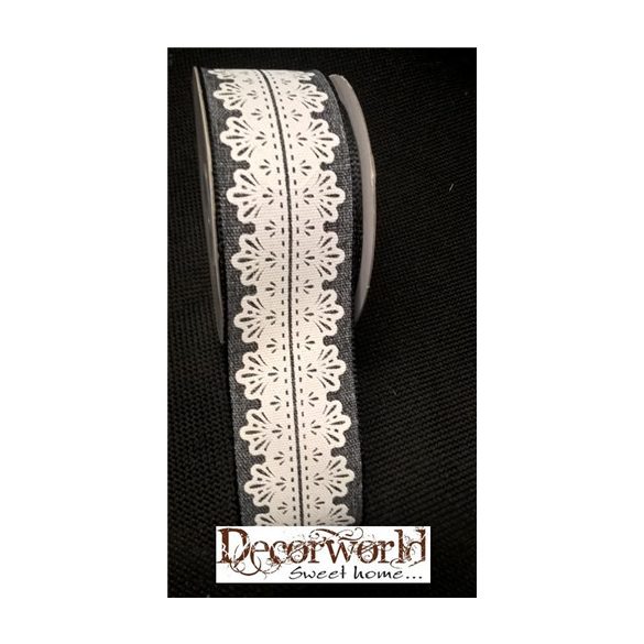 Csipke mintás szalag fehér/szürke 38mm x 10m drótos
