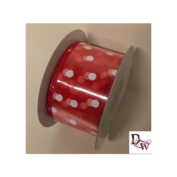 Organza szalag piros, fehér pöttyös drótos 38mm/10m