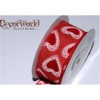 Textil szalag 38mm/10m piros, fehér szív minta