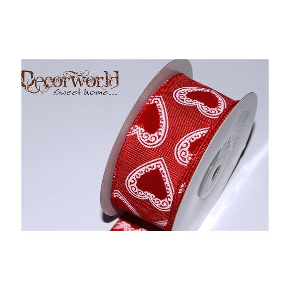 Textil szalag 38mm/10m piros, fehér szív minta