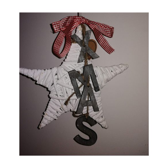 Vessző csillag piros szalagon 25cm XMAS betűkkel