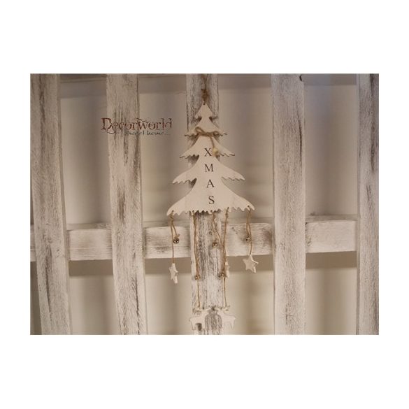 Fa fenyő, XMAS felirat, csengő, lógó csillag+rénszarvas, fehér 26cm AKCIÓ