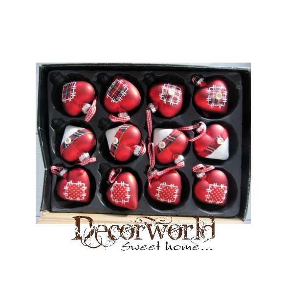 Üveg szív forma piros-fehér skótkockás S/12