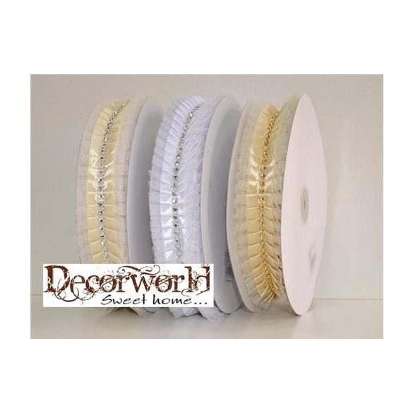 Szatén szalag strasszal és tüllel 4cm x 10m - Több színben