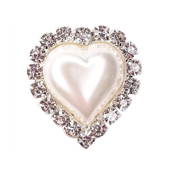 Strasszal kirakott bross szív alak 22 mm - Ezüst/fehér opál kő S/10