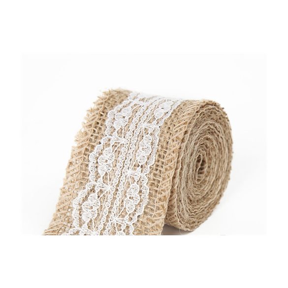 Juta szalag csipkés 5cm x 5m - Natúr/fehér