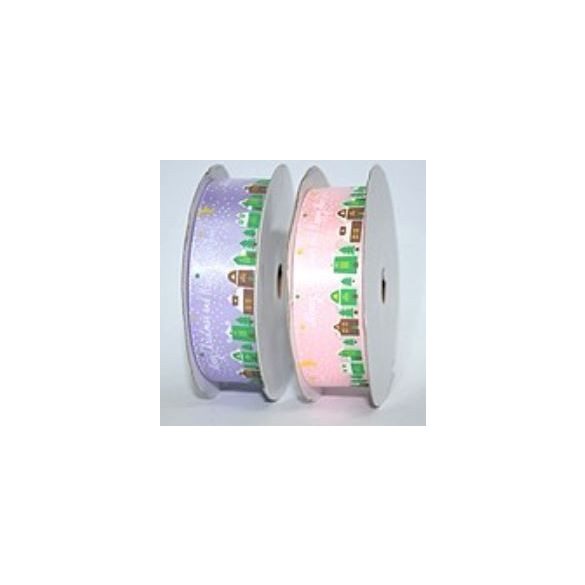 Szalag textil "Merry Christmas"  Havas házak 22mm x 10m - Lila