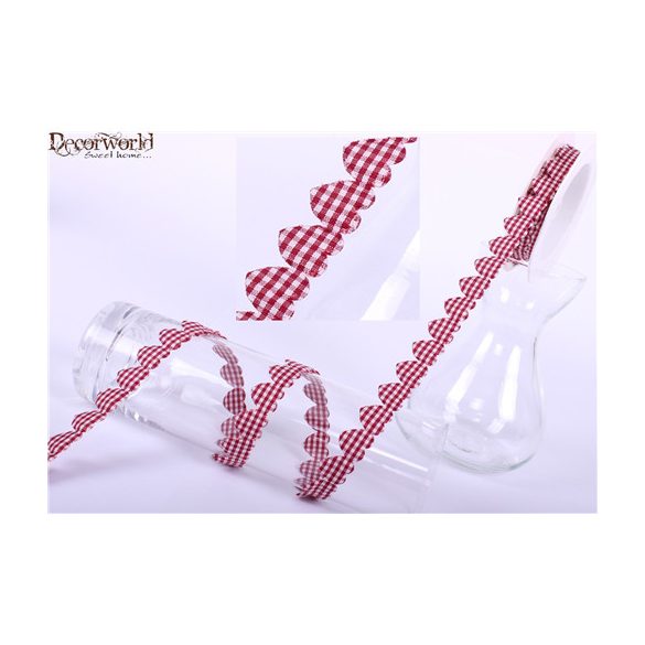 Textil szalag kockás szív/bordó 15mm/10m